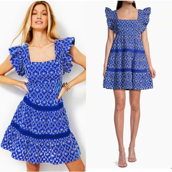 Lilly Pulitzer Morrie Ruffle Sleeve Eyelet Dress Blue Grotto Flutter Eyelet - Picture 1 of 10